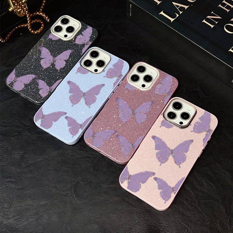 For iPhone 12 Pro Minimalist Purple Butterflies Pattern IMD Glitter PC Hybrid TPU Phone Case