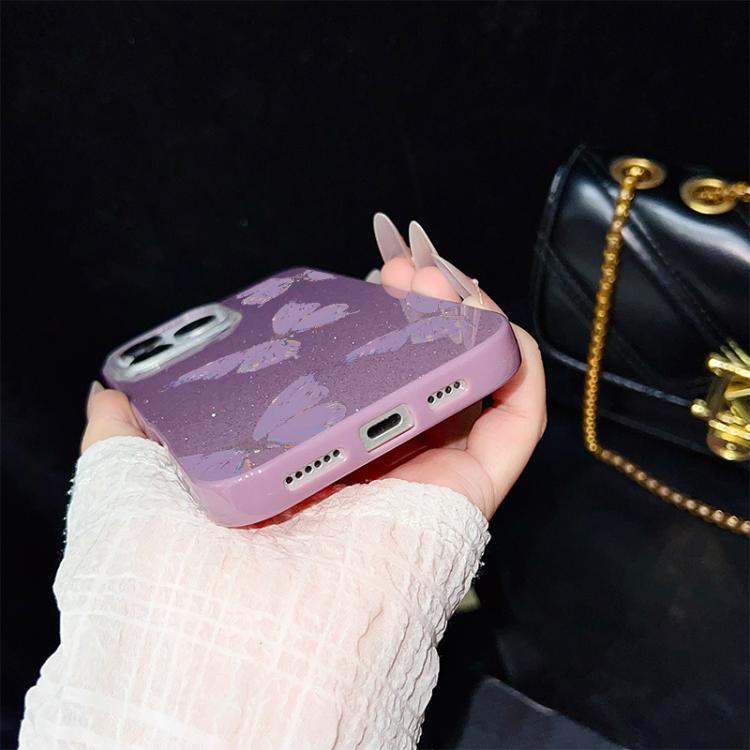 For iPhone 14 Pro Max Minimalist Purple Butterflies Pattern IMD Glitter PC Hybrid TPU Phone Case