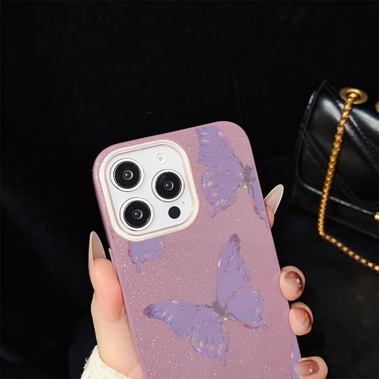 For iPhone 13 Pro Minimalist Purple Butterflies Pattern IMD Glitter PC Hybrid TPU Phone Case