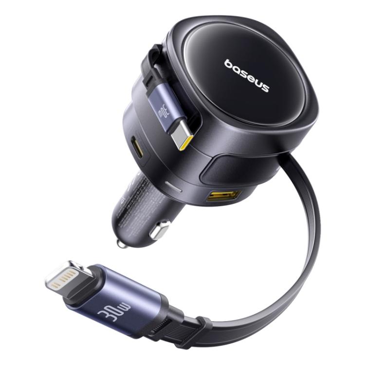 Baseus Enjoyment Max 90W USB and Type-C Ports Car Charger with Type-C and 8 Pin Retractable Cable - Black