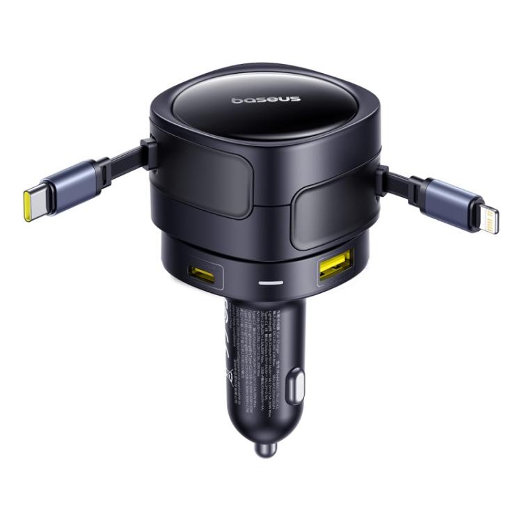 Baseus Enjoyment Max 90W USB and Type-C Ports Car Charger with Type-C and 8 Pin Retractable Cable - Black