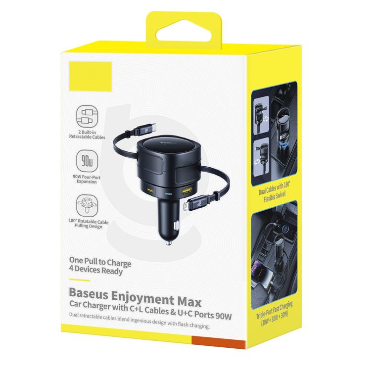 Baseus Enjoyment Max 90W USB and Type-C Ports Car Charger with Type-C and 8 Pin Retractable Cable - Black