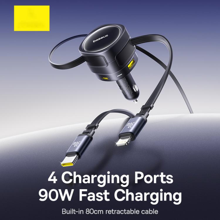 Baseus Enjoyment Max 90W USB and Type-C Ports Car Charger with Type-C and 8 Pin Retractable Cable - Black