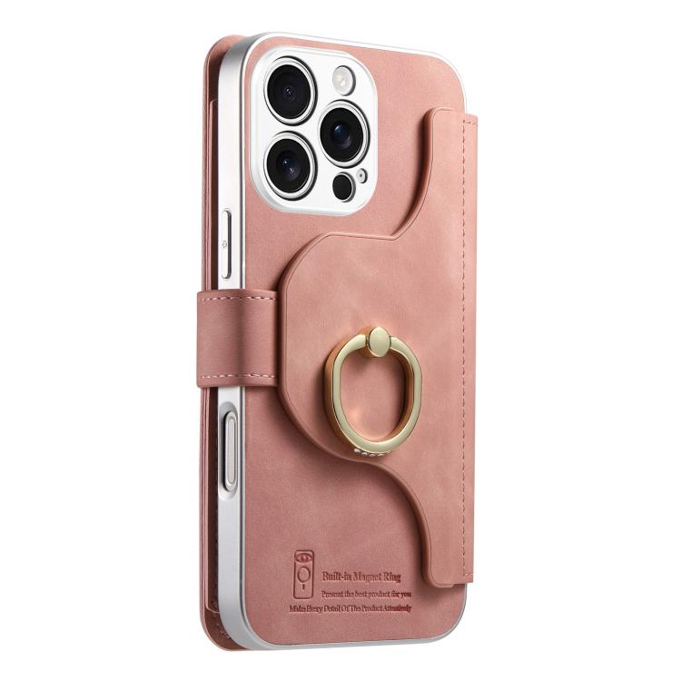 For iPhone 16 Pro Precision Hole Silver-Edged Ring RFID Blocking Zipper Wallet Magnetic Vegan Leather Phone Case