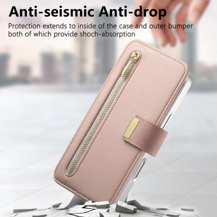 For iPhone 16 Pro Precision Hole Silver-Edged Ring RFID Blocking Zipper Wallet Magnetic Vegan Leather Phone Case