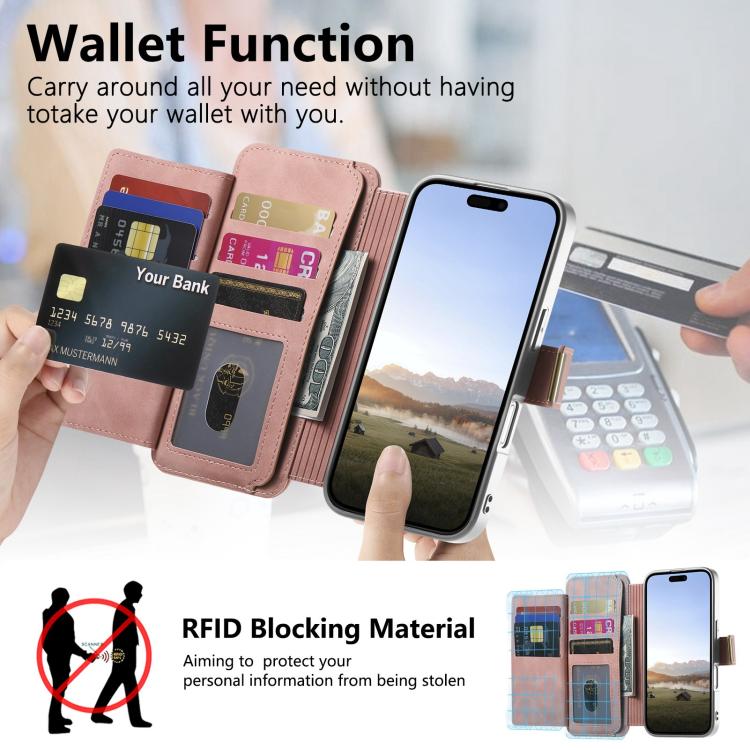 For iPhone 16 Pro Precision Hole Silver-Edged Ring RFID Blocking Zipper Wallet Magnetic Vegan Leather Phone Case