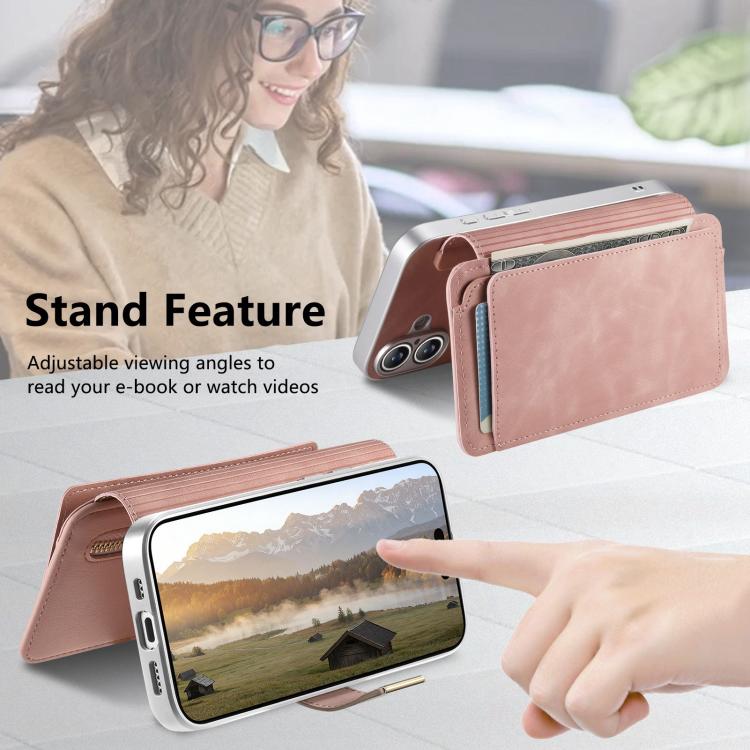 For iPhone 16 Pro Precision Hole Silver-Edged Ring RFID Blocking Zipper Wallet Magnetic Vegan Leather Phone Case