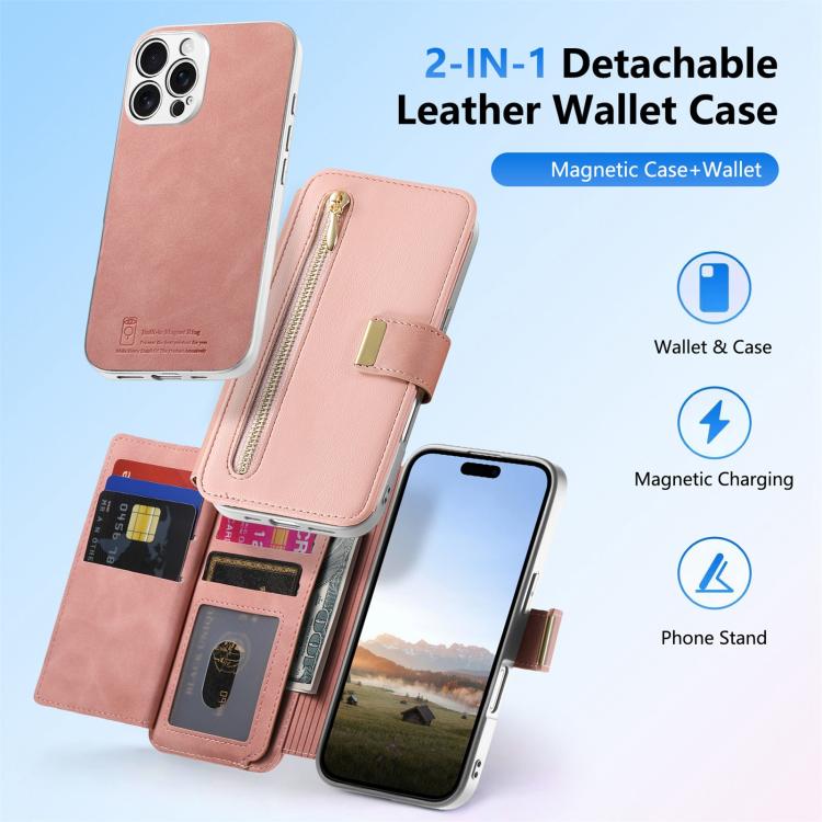 For iPhone 16 Pro Precision Hole Silver-Edged Ring RFID Blocking Zipper Wallet Magnetic Vegan Leather Phone Case