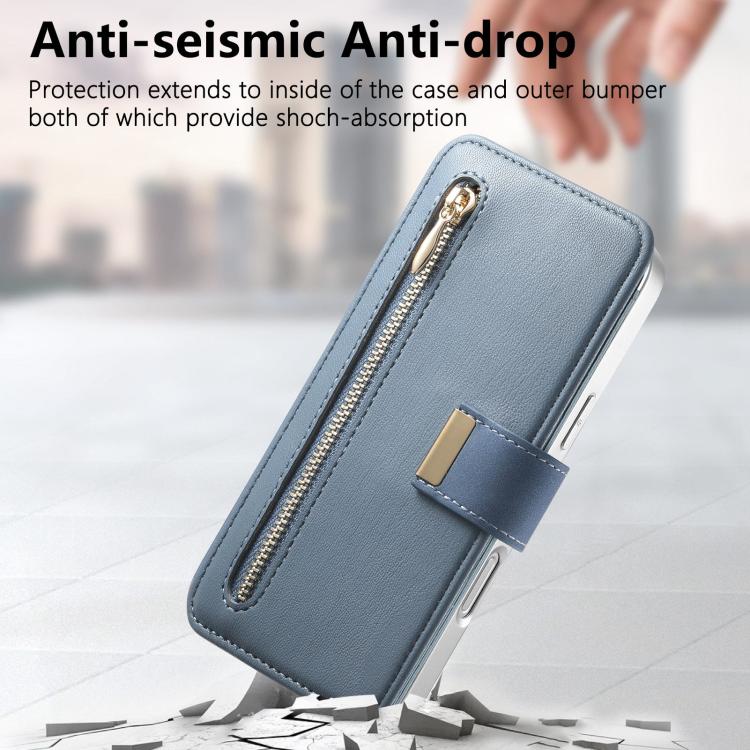 For iPhone 16 Pro Precision Hole Silver-Edged Ring RFID Blocking Zipper Wallet Magnetic Vegan Leather Phone Case