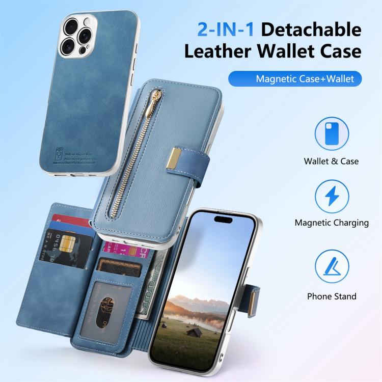 For iPhone 16 Pro Precision Hole Silver-Edged Ring RFID Blocking Zipper Wallet Magnetic Vegan Leather Phone Case