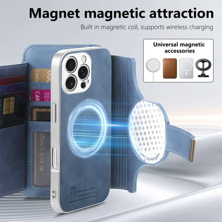 For iPhone 16 Pro Precision Hole Silver-Edged Ring RFID Blocking Zipper Wallet Magnetic Vegan Leather Phone Case