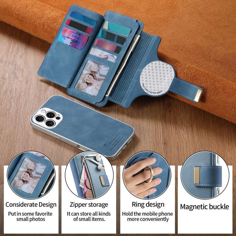 For iPhone 16 Pro Precision Hole Silver-Edged Ring RFID Blocking Zipper Wallet Magnetic Vegan Leather Phone Case