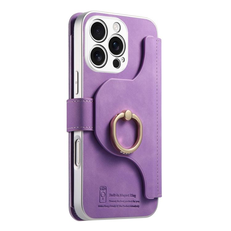 For iPhone 16 Pro Precision Hole Silver-Edged Ring RFID Blocking Zipper Wallet Magnetic Vegan Leather Phone Case