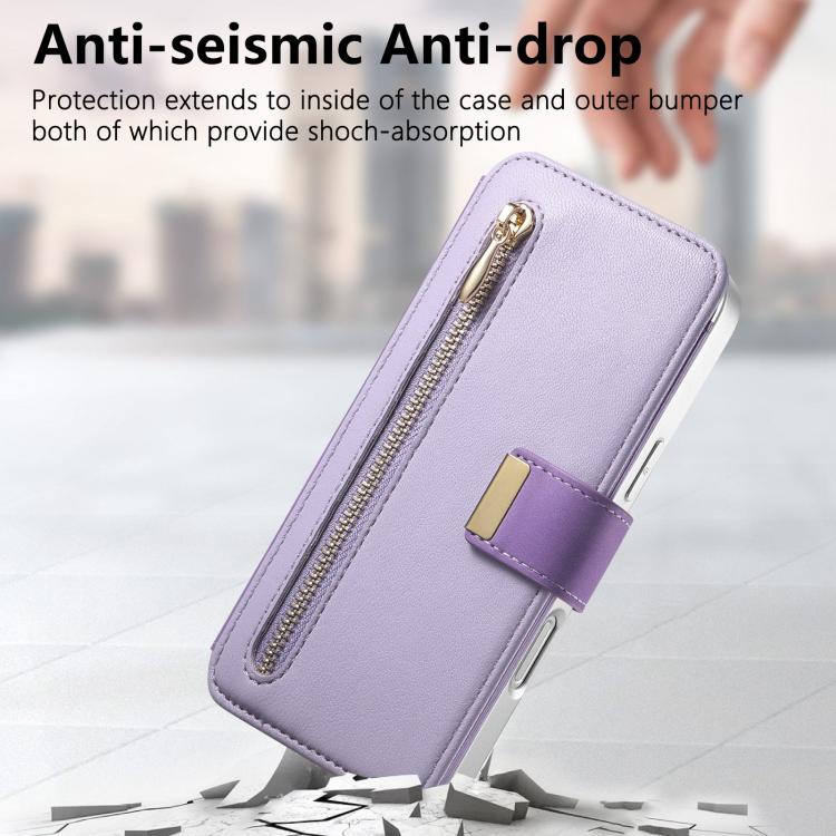 For iPhone 16 Pro Precision Hole Silver-Edged Ring RFID Blocking Zipper Wallet Magnetic Vegan Leather Phone Case