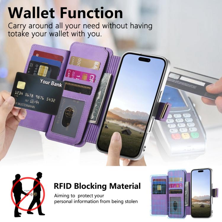 For iPhone 16 Pro Precision Hole Silver-Edged Ring RFID Blocking Zipper Wallet Magnetic Vegan Leather Phone Case