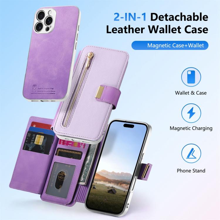 For iPhone 16 Pro Precision Hole Silver-Edged Ring RFID Blocking Zipper Wallet Magnetic Vegan Leather Phone Case