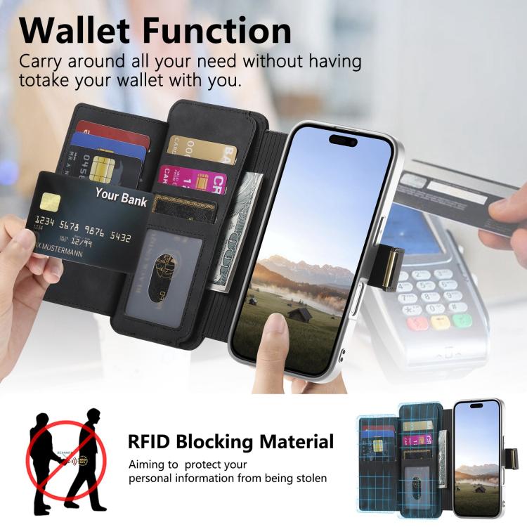 For iPhone 16 Pro Precision Hole Silver-Edged Ring RFID Blocking Zipper Wallet Magnetic Vegan Leather Phone Case