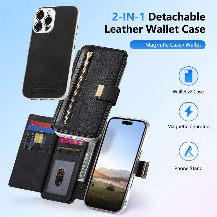 For iPhone 16 Pro Precision Hole Silver-Edged Ring RFID Blocking Zipper Wallet Magnetic Vegan Leather Phone Case