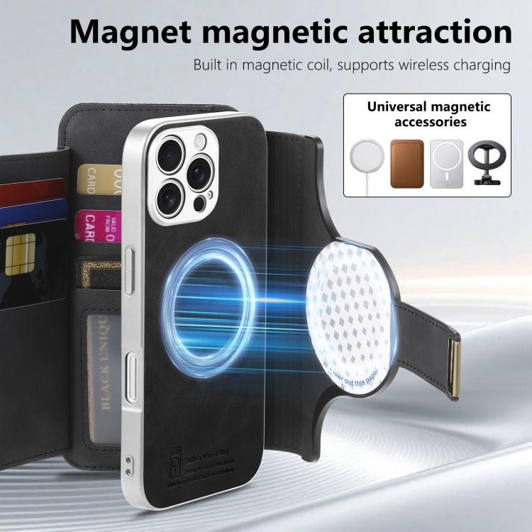 For iPhone 16 Pro Precision Hole Silver-Edged Ring RFID Blocking Zipper Wallet Magnetic Vegan Leather Phone Case