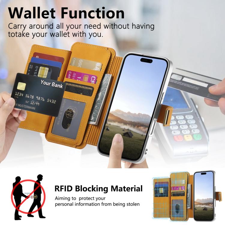 For iPhone 16 Pro Precision Hole Silver-Edged Ring RFID Blocking Zipper Wallet Magnetic Vegan Leather Phone Case