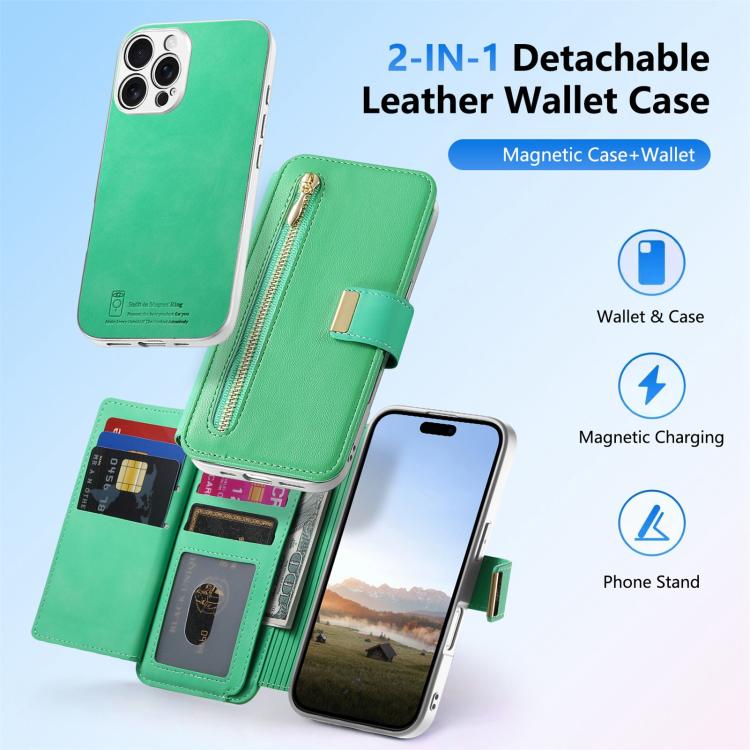 For iPhone 16 Pro Precision Hole Silver-Edged Ring RFID Blocking Zipper Wallet Magnetic Vegan Leather Phone Case