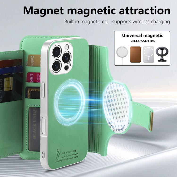 For iPhone 16 Pro Precision Hole Silver-Edged Ring RFID Blocking Zipper Wallet Magnetic Vegan Leather Phone Case