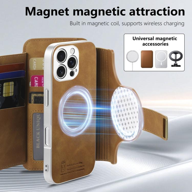 For iPhone 16 Pro Precision Hole Silver-Edged Ring RFID Blocking Zipper Wallet Magnetic Vegan Leather Phone Case