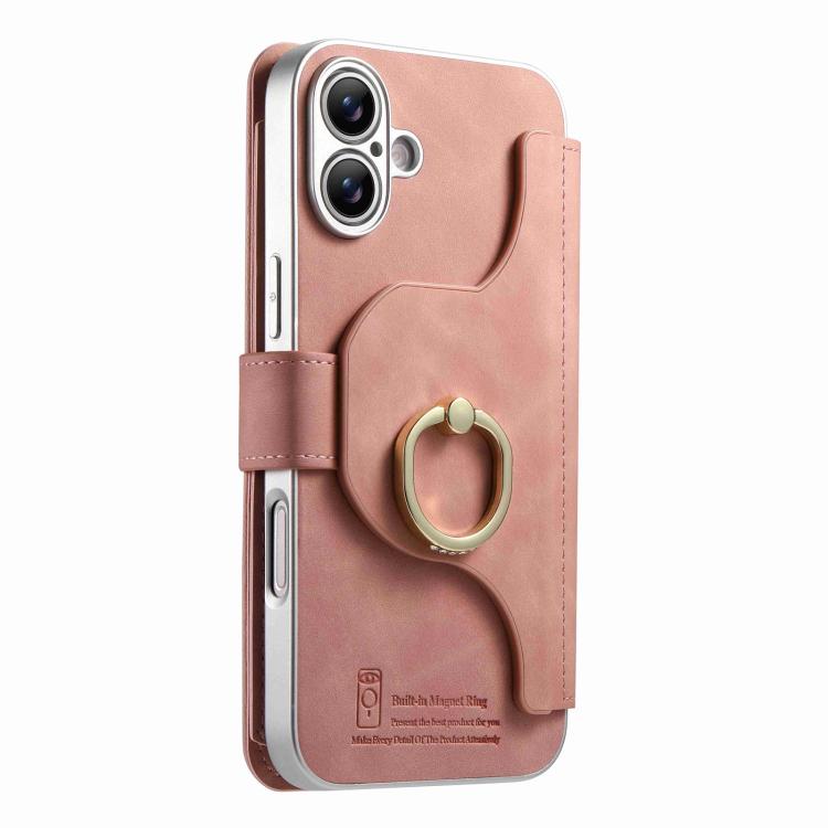 For iPhone 16 Precision Hole Silver-Edged Ring RFID Blocking Zipper Wallet Magnetic Vegan Leather Phone Case