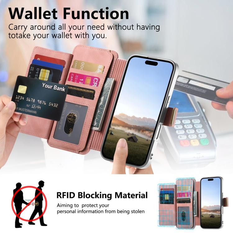 For iPhone 16 Precision Hole Silver-Edged Ring RFID Blocking Zipper Wallet Magnetic Vegan Leather Phone Case