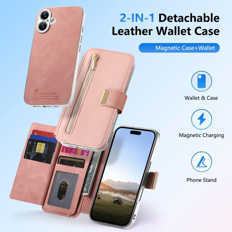 For iPhone 16 Precision Hole Silver-Edged Ring RFID Blocking Zipper Wallet Magnetic Vegan Leather Phone Case