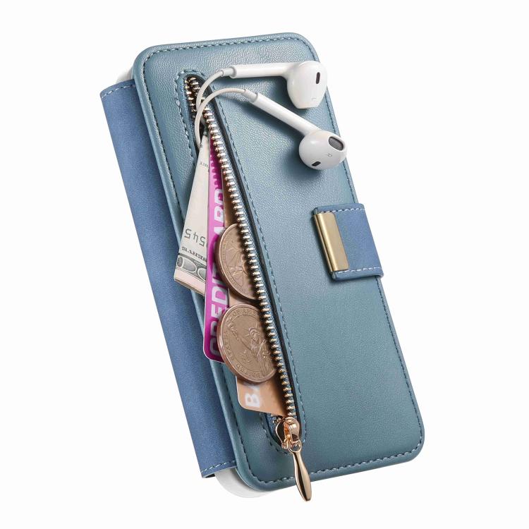 For iPhone 16 Precision Hole Silver-Edged Ring RFID Blocking Zipper Wallet Magnetic Vegan Leather Phone Case