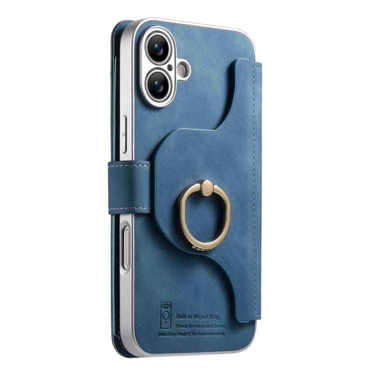 For iPhone 16 Precision Hole Silver-Edged Ring RFID Blocking Zipper Wallet Magnetic Vegan Leather Phone Case