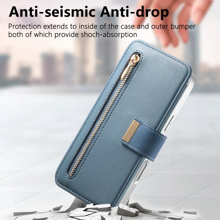 For iPhone 16 Precision Hole Silver-Edged Ring RFID Blocking Zipper Wallet Magnetic Vegan Leather Phone Case