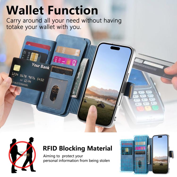 For iPhone 16 Precision Hole Silver-Edged Ring RFID Blocking Zipper Wallet Magnetic Vegan Leather Phone Case