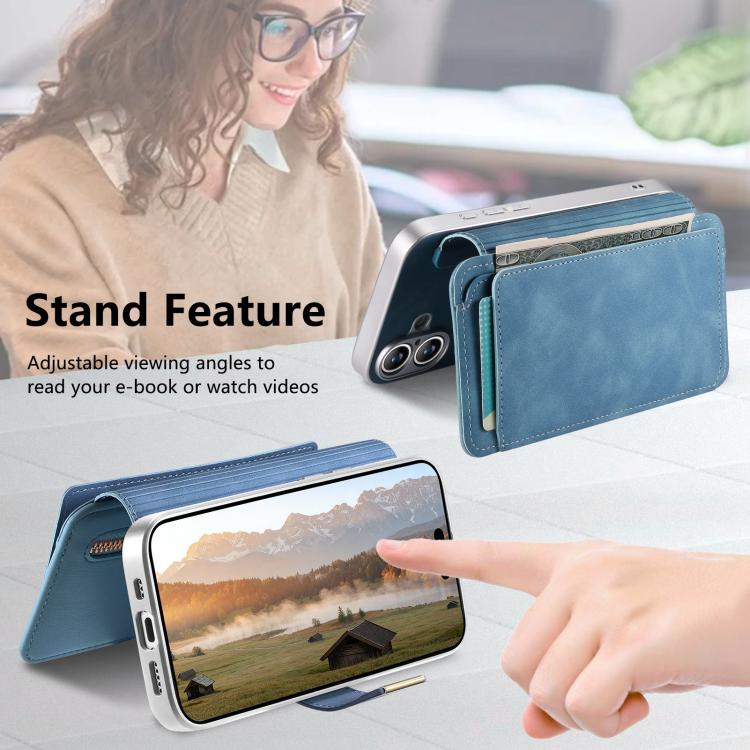 For iPhone 16 Precision Hole Silver-Edged Ring RFID Blocking Zipper Wallet Magnetic Vegan Leather Phone Case