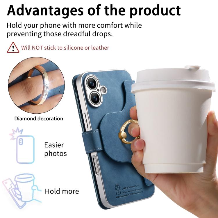 For iPhone 16 Precision Hole Silver-Edged Ring RFID Blocking Zipper Wallet Magnetic Vegan Leather Phone Case