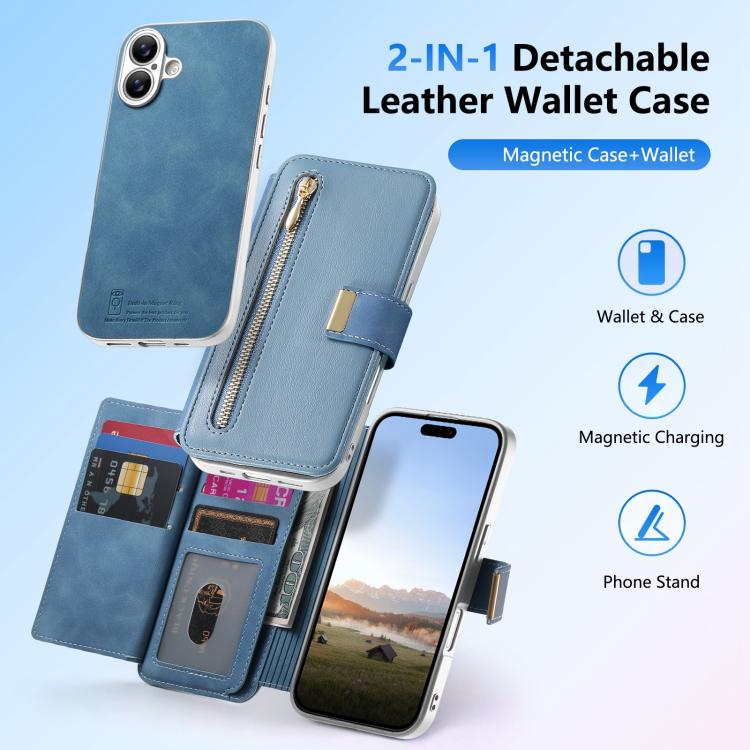 For iPhone 16 Precision Hole Silver-Edged Ring RFID Blocking Zipper Wallet Magnetic Vegan Leather Phone Case