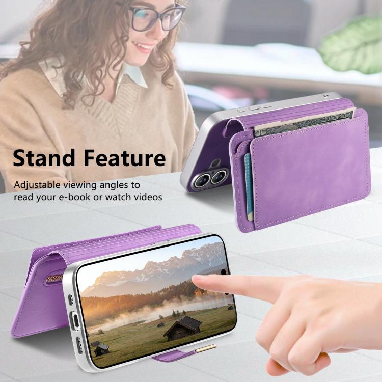 For iPhone 16 Precision Hole Silver-Edged Ring RFID Blocking Zipper Wallet Magnetic Vegan Leather Phone Case
