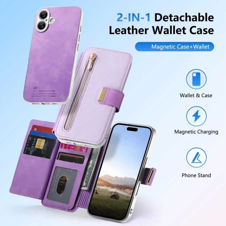 For iPhone 16 Precision Hole Silver-Edged Ring RFID Blocking Zipper Wallet Magnetic Vegan Leather Phone Case