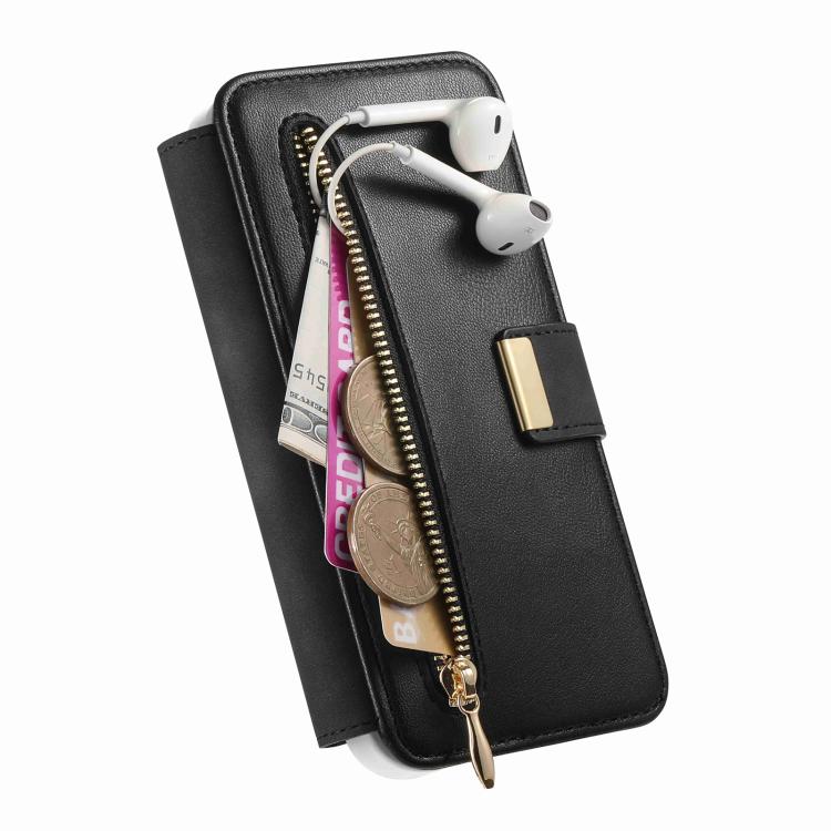 For iPhone 16 Precision Hole Silver-Edged Ring RFID Blocking Zipper Wallet Magnetic Vegan Leather Phone Case