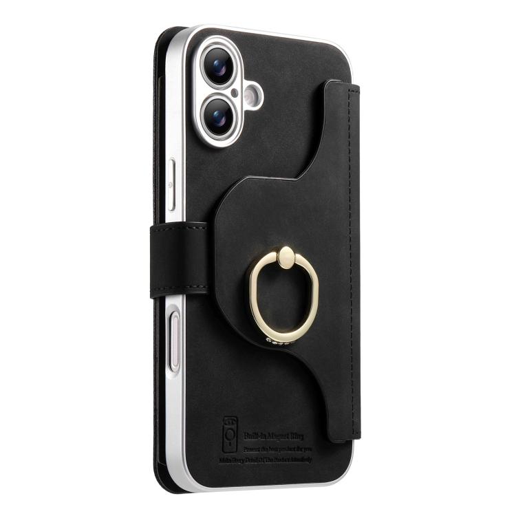 For iPhone 16 Precision Hole Silver-Edged Ring RFID Blocking Zipper Wallet Magnetic Vegan Leather Phone Case