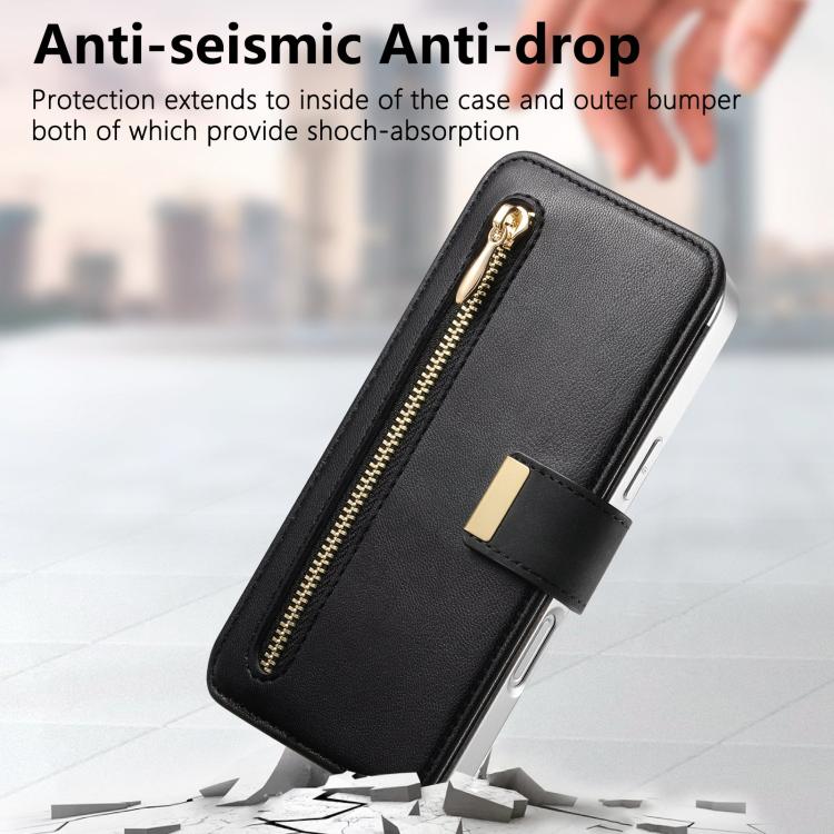 For iPhone 16 Precision Hole Silver-Edged Ring RFID Blocking Zipper Wallet Magnetic Vegan Leather Phone Case