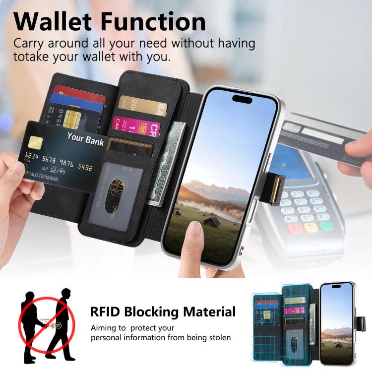 For iPhone 16 Precision Hole Silver-Edged Ring RFID Blocking Zipper Wallet Magnetic Vegan Leather Phone Case