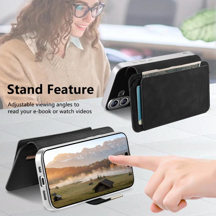 For iPhone 16 Precision Hole Silver-Edged Ring RFID Blocking Zipper Wallet Magnetic Vegan Leather Phone Case