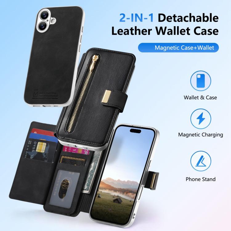 For iPhone 16 Precision Hole Silver-Edged Ring RFID Blocking Zipper Wallet Magnetic Vegan Leather Phone Case