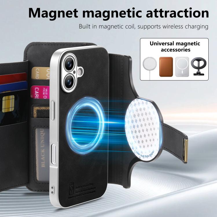 For iPhone 16 Precision Hole Silver-Edged Ring RFID Blocking Zipper Wallet Magnetic Vegan Leather Phone Case