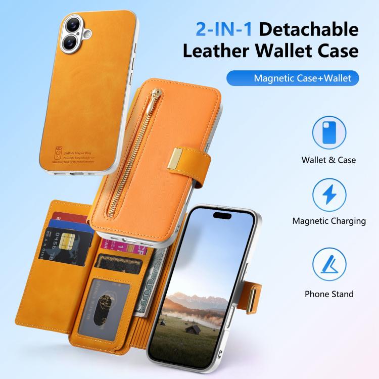 For iPhone 16 Precision Hole Silver-Edged Ring RFID Blocking Zipper Wallet Magnetic Vegan Leather Phone Case
