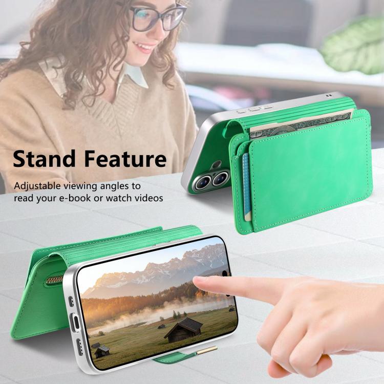 For iPhone 16 Precision Hole Silver-Edged Ring RFID Blocking Zipper Wallet Magnetic Vegan Leather Phone Case