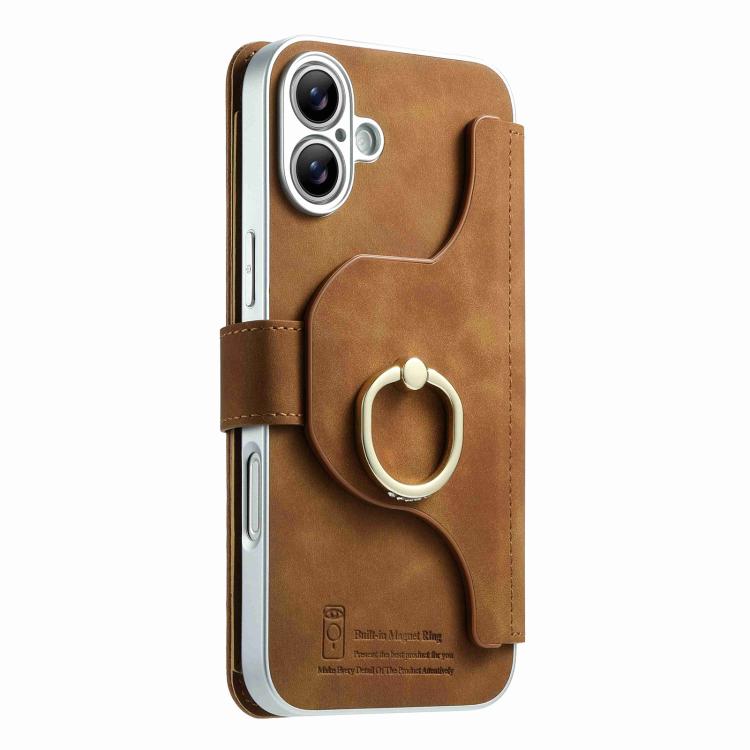 For iPhone 16 Precision Hole Silver-Edged Ring RFID Blocking Zipper Wallet Magnetic Vegan Leather Phone Case