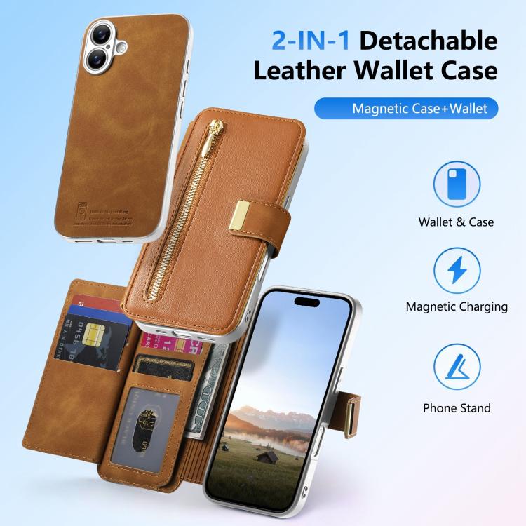 For iPhone 16 Precision Hole Silver-Edged Ring RFID Blocking Zipper Wallet Magnetic Vegan Leather Phone Case